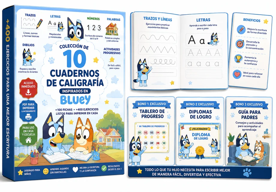 Todo lo que incluye la colección: 10 cuadernos, fichas de muestra y los 3 bonos